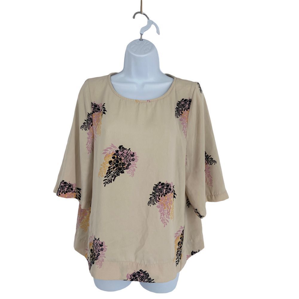 DKNYC Flowy Floral Print Cream Short Sleeve‎ Blouse Small
